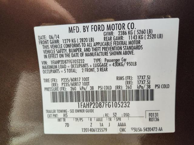 2015 Ford Taurus VIN 1FAHP2D87FG105232 Copart auction photo, minor dent/scratches damage thumbnail 12