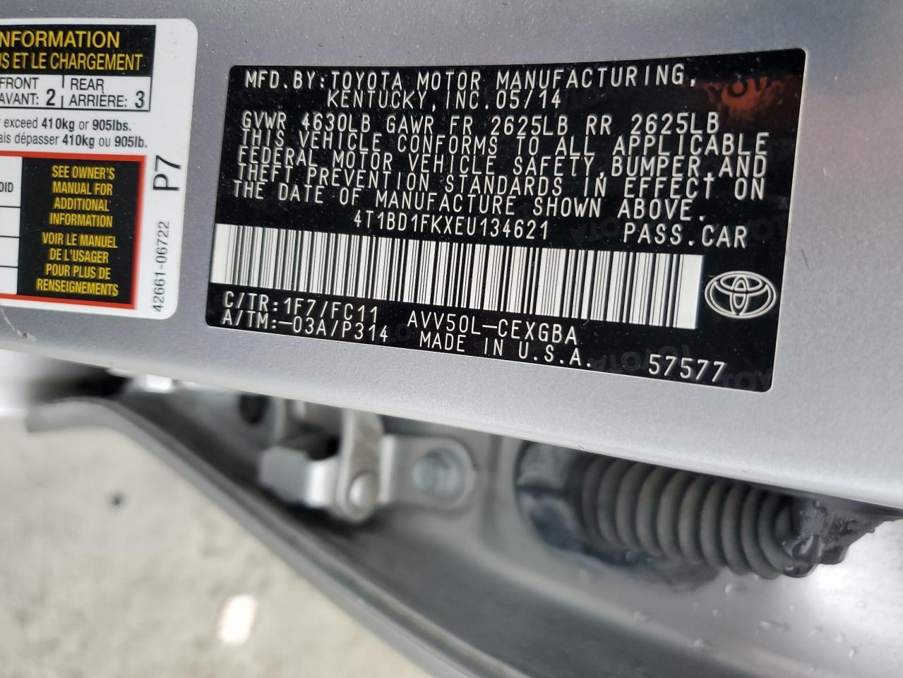 2014 Toyota Camry VIN 4T1BD1FKXEU134621 Copart auction photo, side / front end damage thumbnail 12