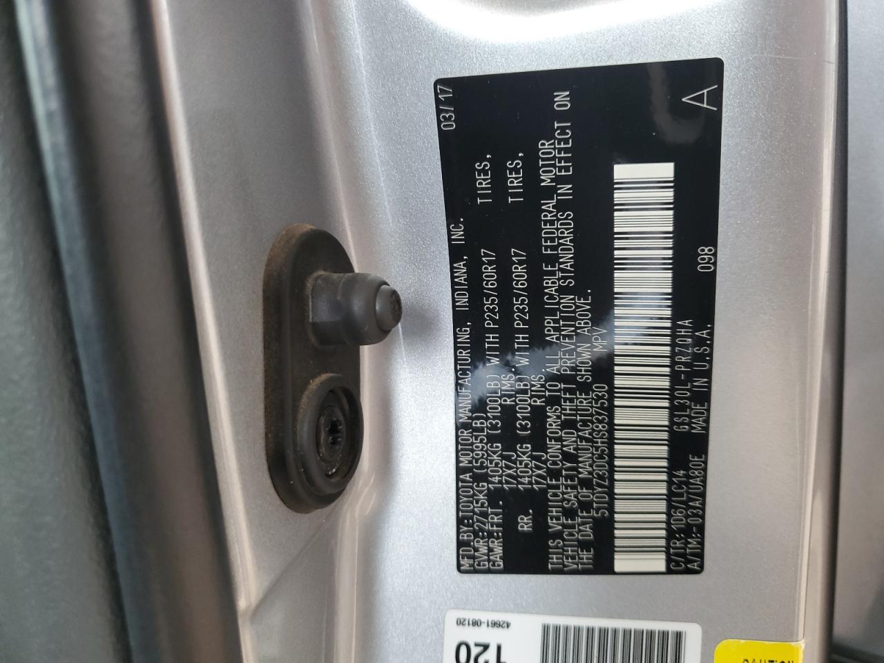 2017 Toyota Sienna VIN 5TDYZ3DC5HS837530 Copart auction photo, front end damage thumbnail 15