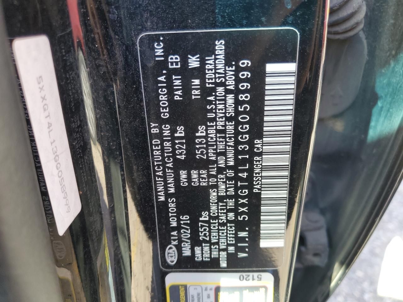 2016 KIA Optima VIN 5XXGT4L13GG058999 Copart auction photo, front end / undercarriage damage thumbnail 12