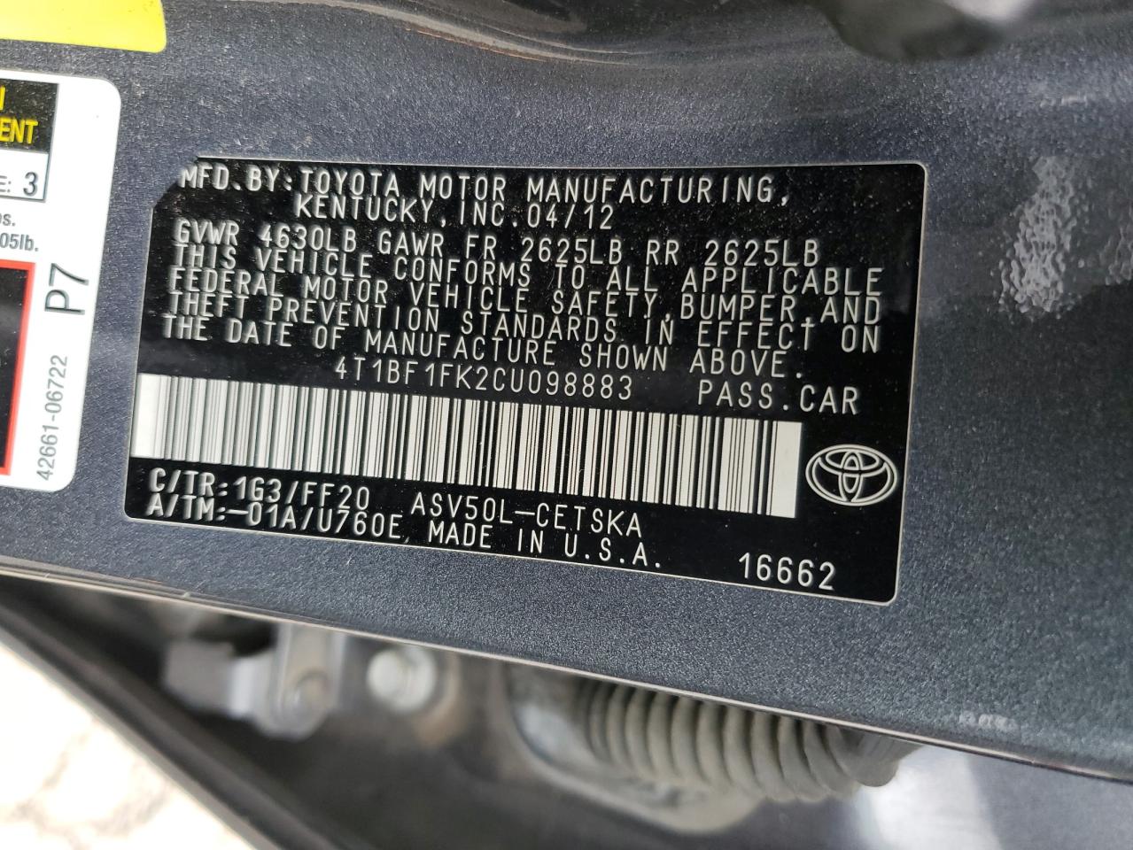 2012 Toyota Camry VIN 4T1BF1FK2CU098883 Copart auction photo, side / minor dent/scratches damage thumbnail 14