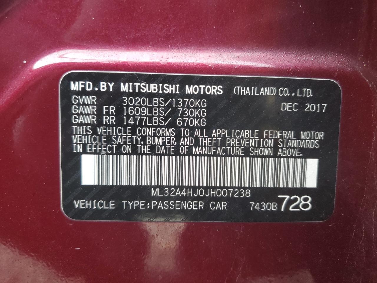 2018 Mitsubishi Mirage VIN ML32A4HJ0JH007238 Copart auction photo, front end / rear end damage thumbnail 14