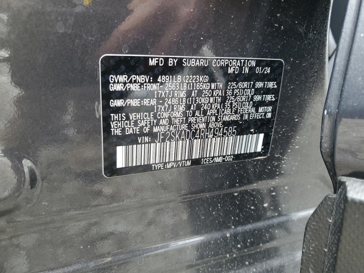 2024 Subaru Forester VIN JF2SKADC4RH494585 Copart auction photo, top/roof / minor dent/scratches damage thumbnail 13