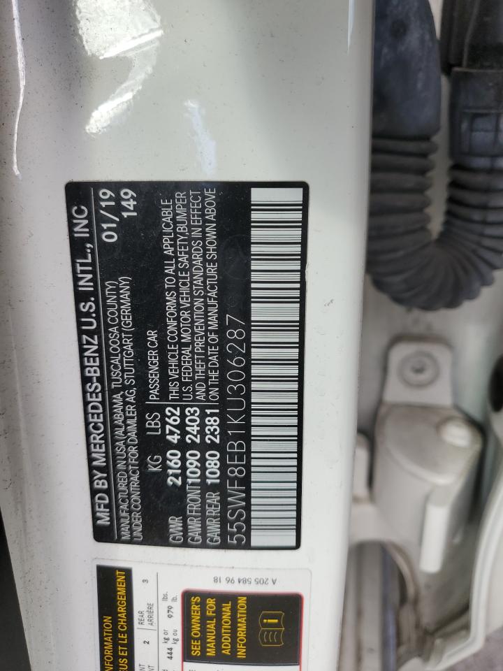 2019 Mercedes-Benz C-klasse VIN 55SWF8EB1KU306287 Copart auction photo, all over damage thumbnail 12
