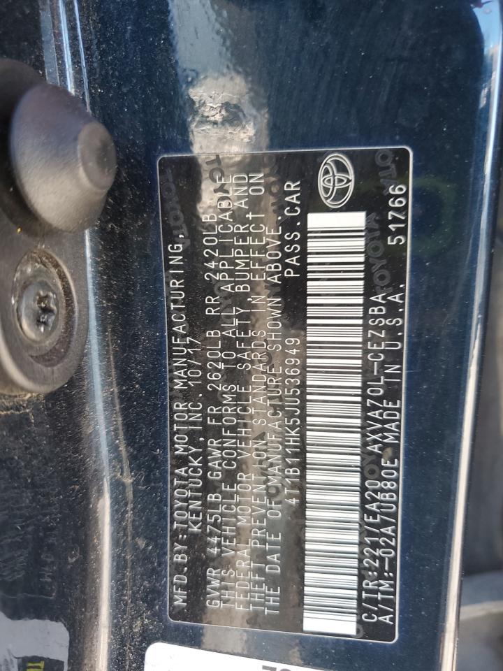 2018 Toyota Camry VIN 4T1B11HK5JU536949 Copart auction photo, front end damage thumbnail 14