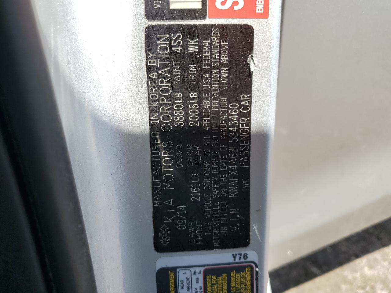 2015 KIA Forte VIN KNAFX4A63F5343460 Copart auction photo, front end / side damage thumbnail 12