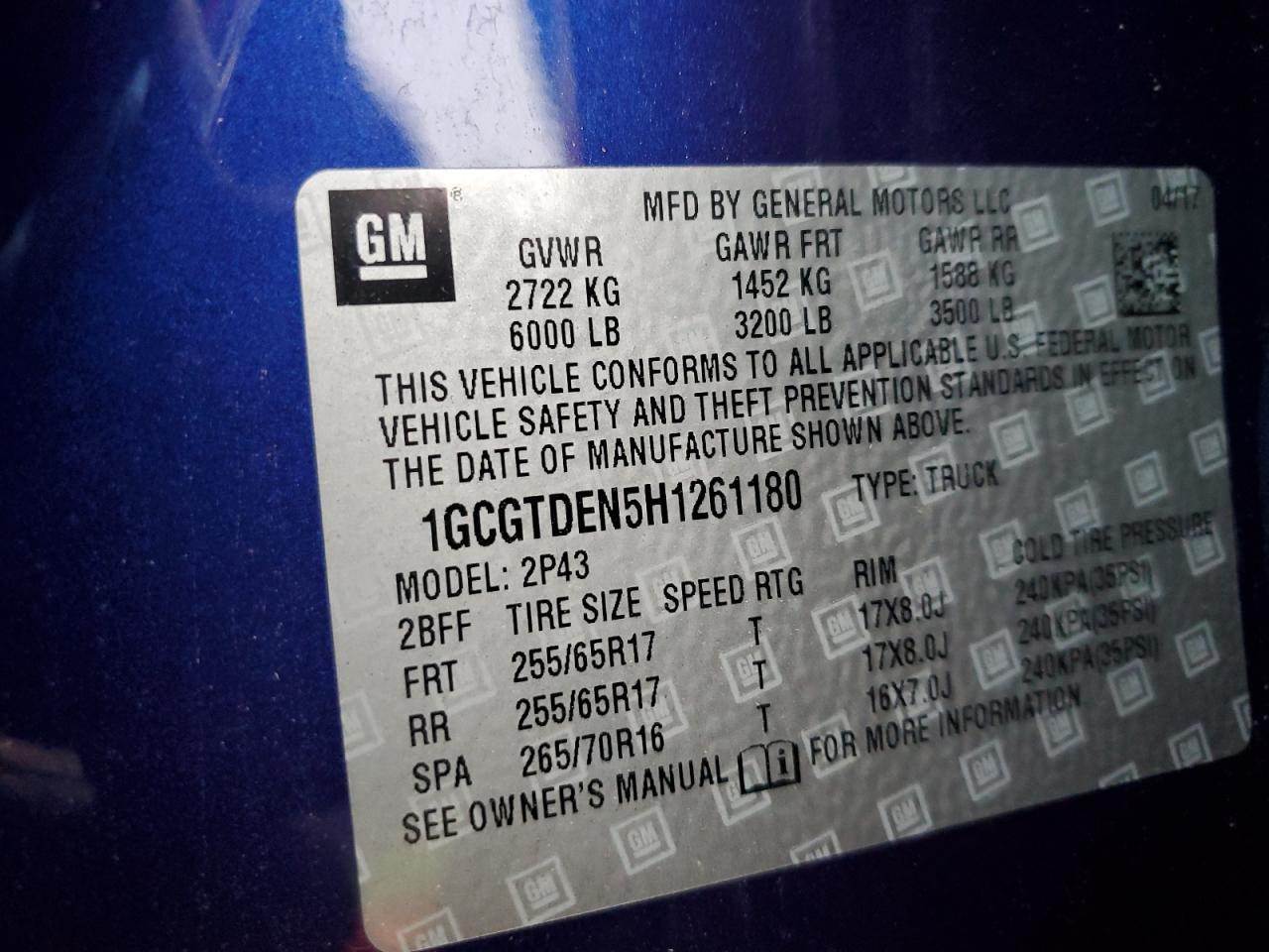 2017 Chevrolet Colorado VIN 1GCGTDEN5H1261180 Copart auction photo, front end damage thumbnail 14
