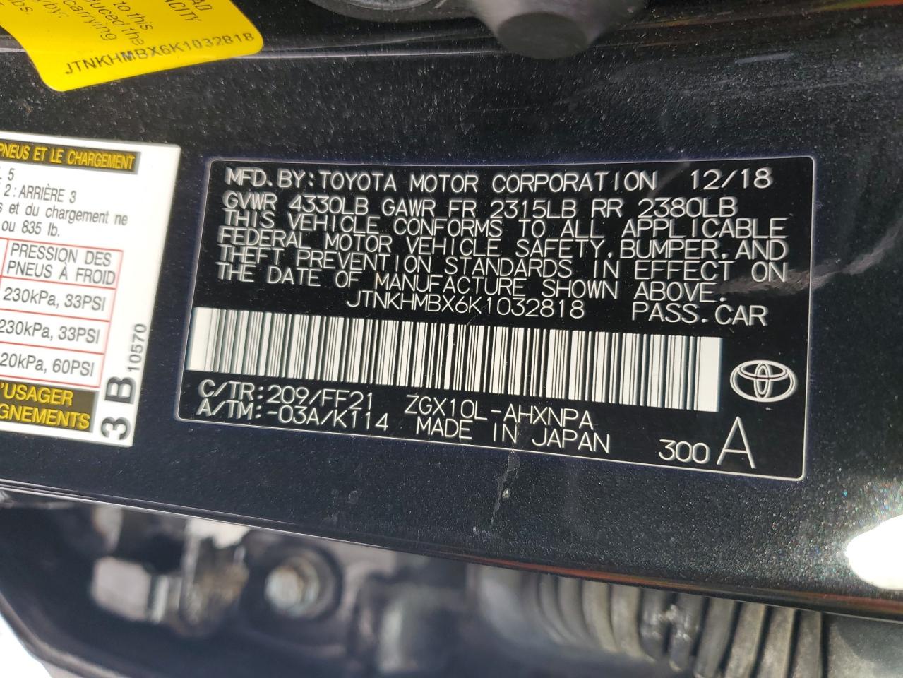 2019 Toyota C-HR VIN JTNKHMBX6K1032818 Copart auction photo, front end / side damage thumbnail 15