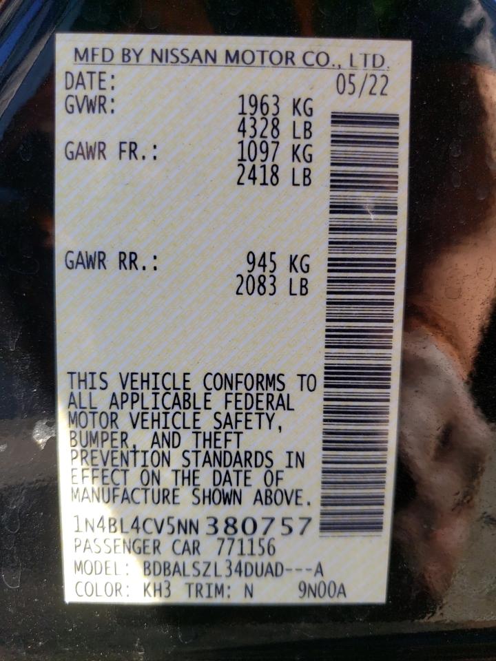 2022 Nissan Altima VIN 1N4BL4CV5NN380757 Copart auction photo, rear end / side damage thumbnail 14