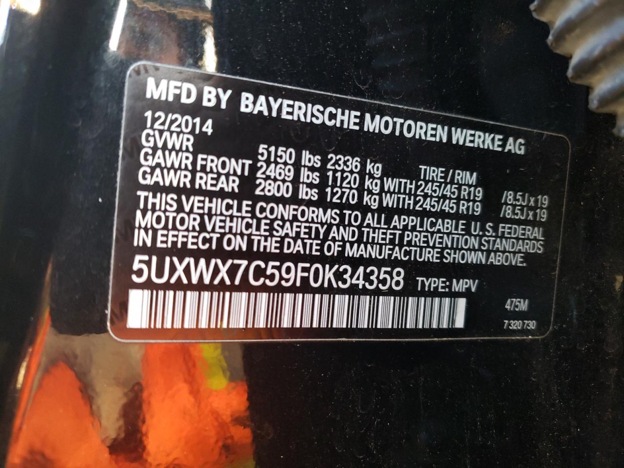 2015 BMW X3 VIN 5UXWX7C59F0K34358 Copart auction photo, front end damage thumbnail 14