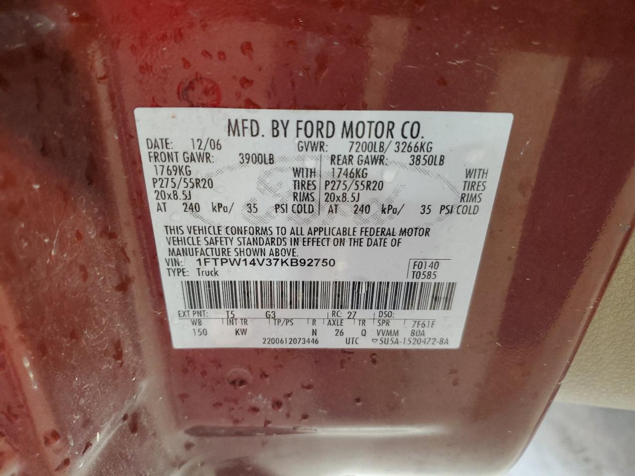 2007 Ford F-150 VIN 1FTPW14V37KB92750 Copart auction photo, all over damage thumbnail 12