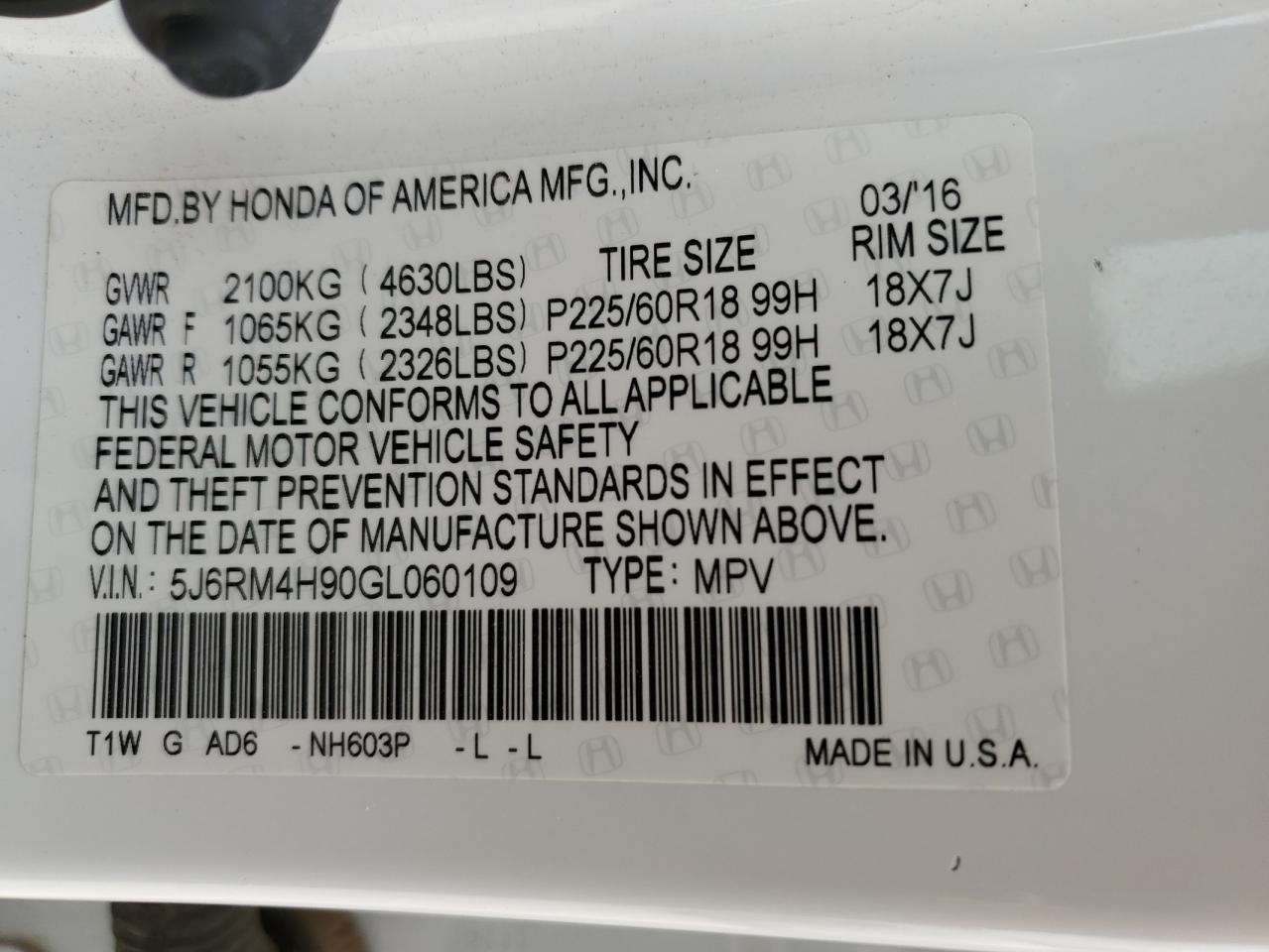 2016 Honda CR-V VIN 5J6RM4H90GL060109 Copart auction photo, front end damage thumbnail 13