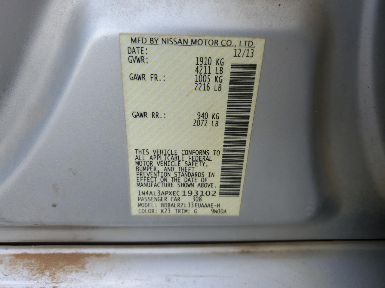 2014 Nissan Altima VIN 1N4AL3APXEC193102 Copart auction photo, front end / side damage thumbnail 12
