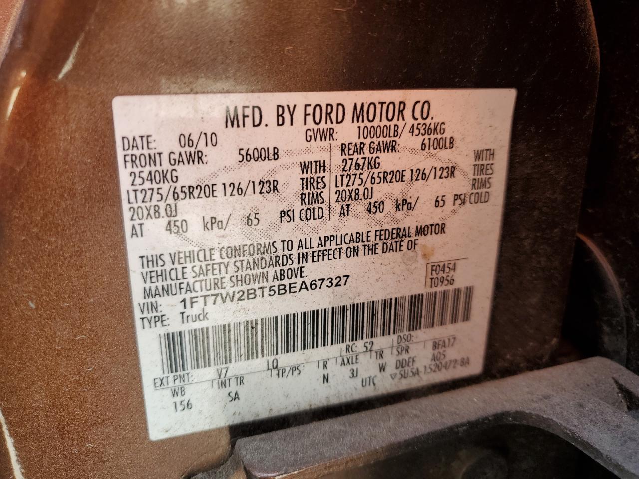 2011 Ford F250 VIN 1FT7W2BT5BEA67327 Copart auction photo, side damage thumbnail 14