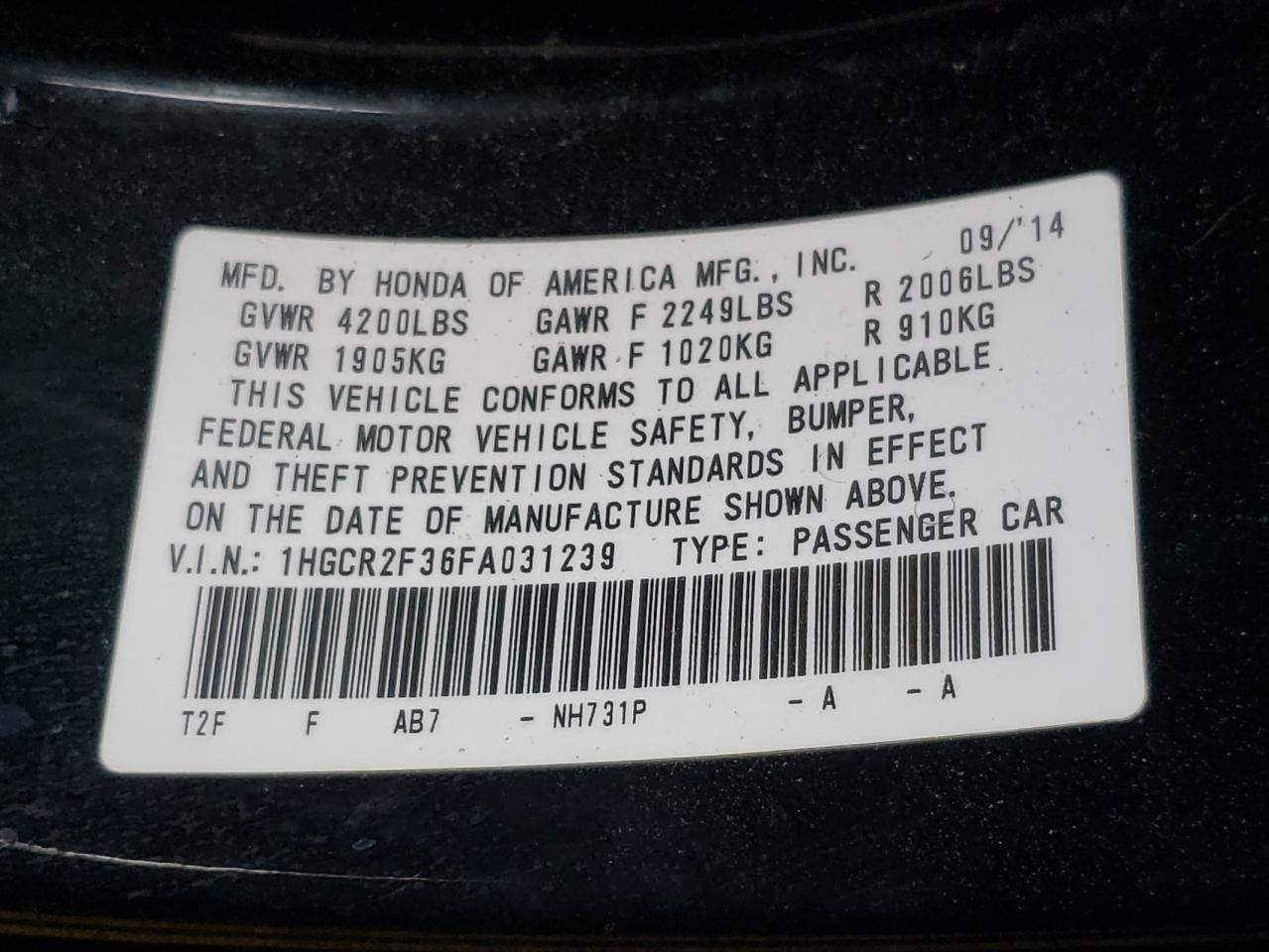 2015 Honda Accord VIN 1HGCR2F36FA031239 Copart auction photo, front end / frame damage damage thumbnail 13