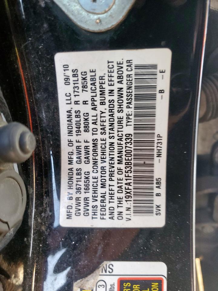 2011 Honda Civic VIN 19XFA1F53BE007339 Copart auction photo, mechanical / rear end damage thumbnail 12