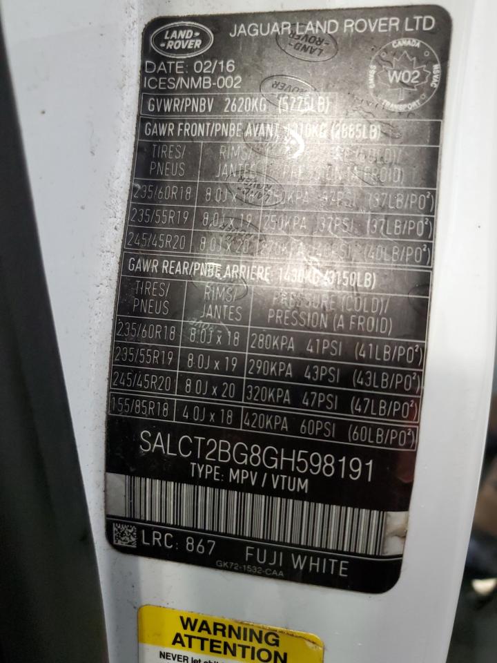 2016 Land Rover Discovery VIN SALCT2BG8GH598191 Copart auction photo, minor dent/scratches / normal wear damage thumbnail 13
