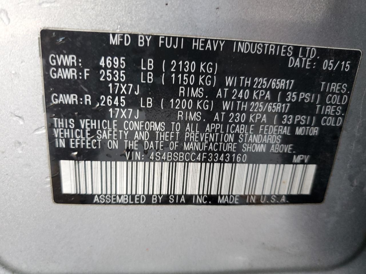 2015 Subaru Outback VIN 4S4BSBCC4F3343160 Copart auction photo, front end / side damage thumbnail 13