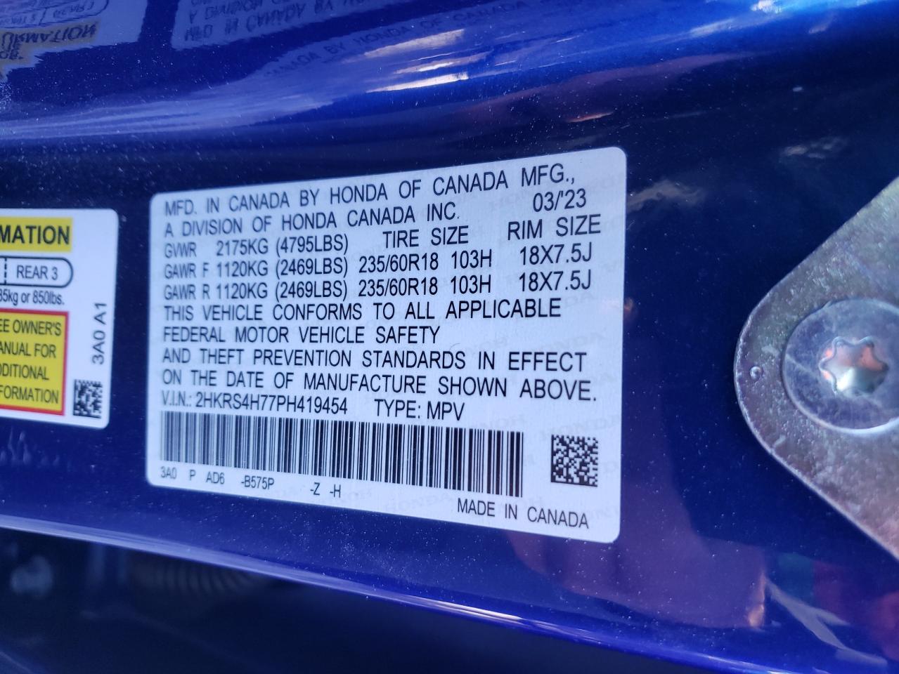 2023 Honda CR-V VIN 2HKRS4H77PH419454 Copart auction photo, front end / side damage thumbnail 13