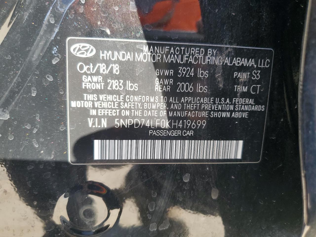 2019 Hyundai Elantra VIN 5NPD74LF0KH419699 Copart auction photo, front end / rear end damage thumbnail 13