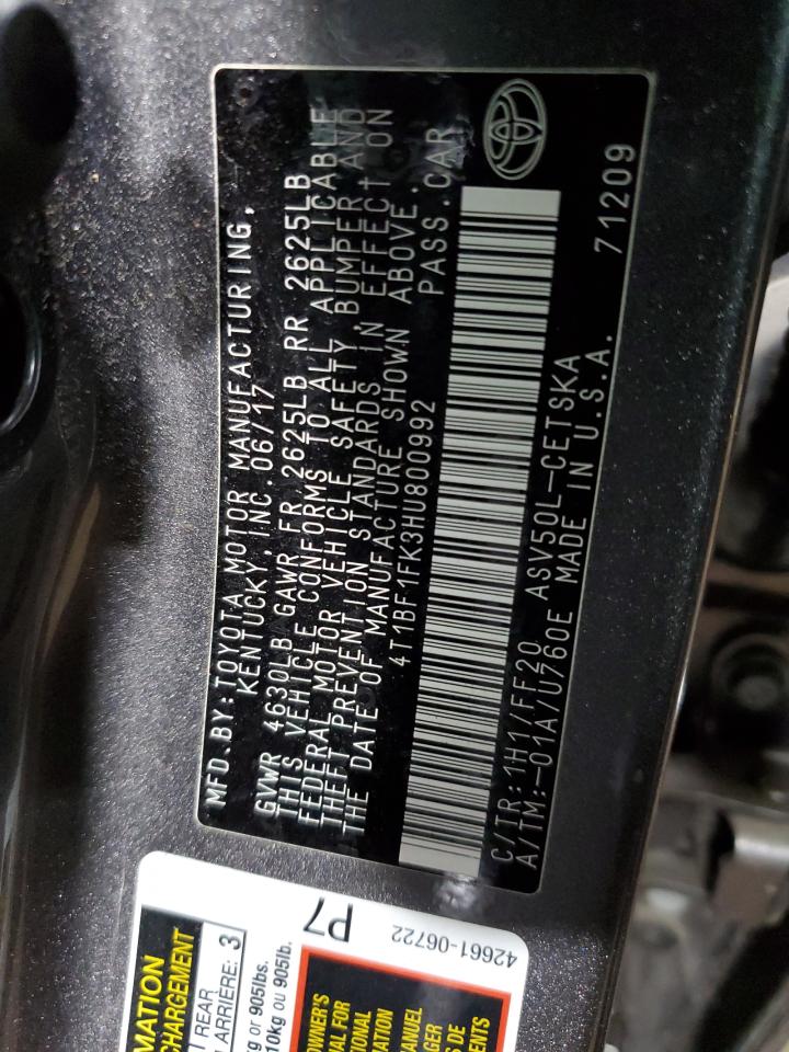 2017 Toyota Camry VIN 4T1BF1FK3HU800992 Copart auction photo, front end / undercarriage damage thumbnail 12