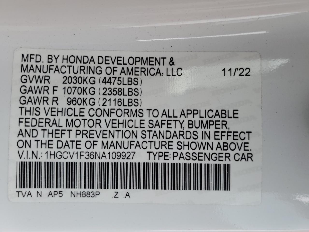 2022 Honda Accord VIN 1HGCV1F36NA109927 Copart auction photo, front end damage thumbnail 14
