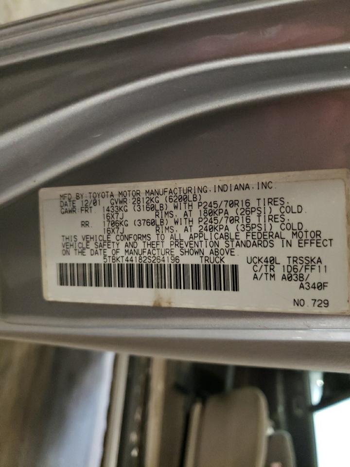 2002 Toyota Tundra VIN 5TBKT44182S264196 Copart auction photo, side damage thumbnail 12