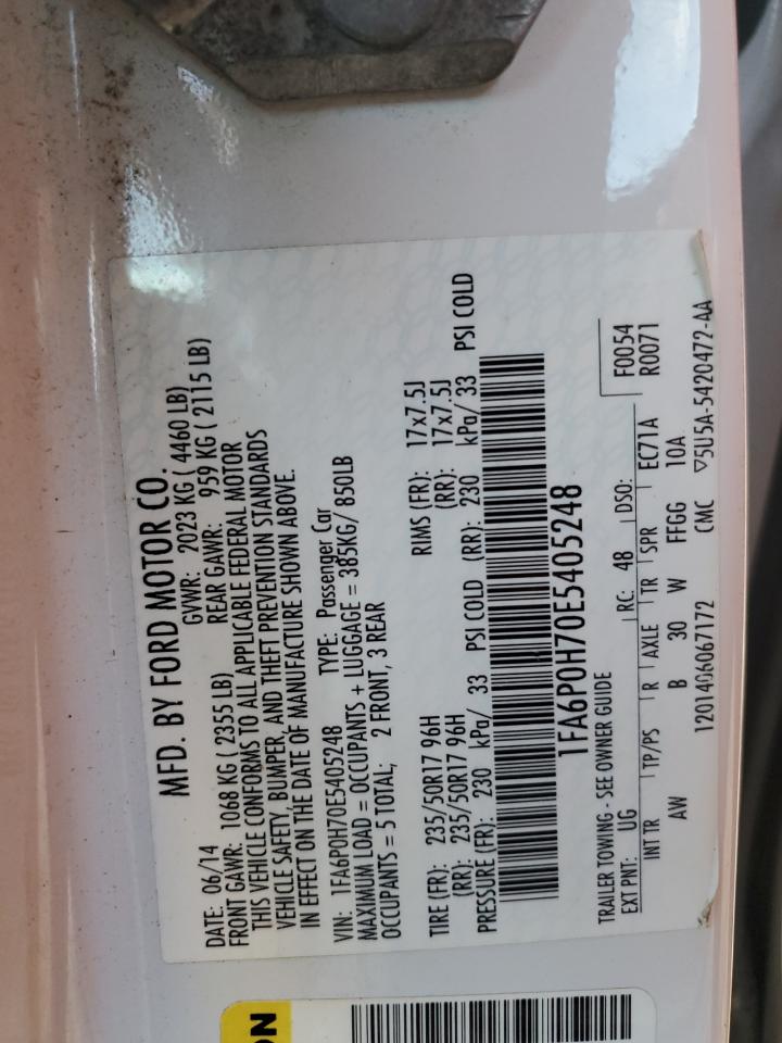 2014 Ford Fusion VIN 1FA6P0H70E5405248 Copart auction photo, water/flood / front end damage thumbnail 12