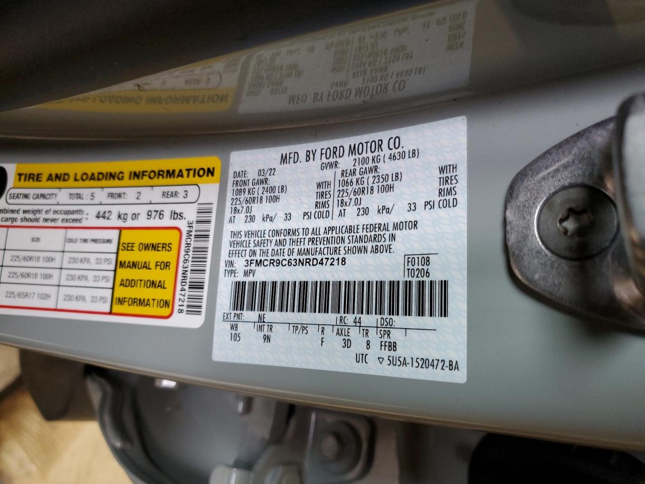 2022 Ford Bronco VIN 3FMCR9C63NRD47218 Copart auction photo, front end / mechanical damage thumbnail 15