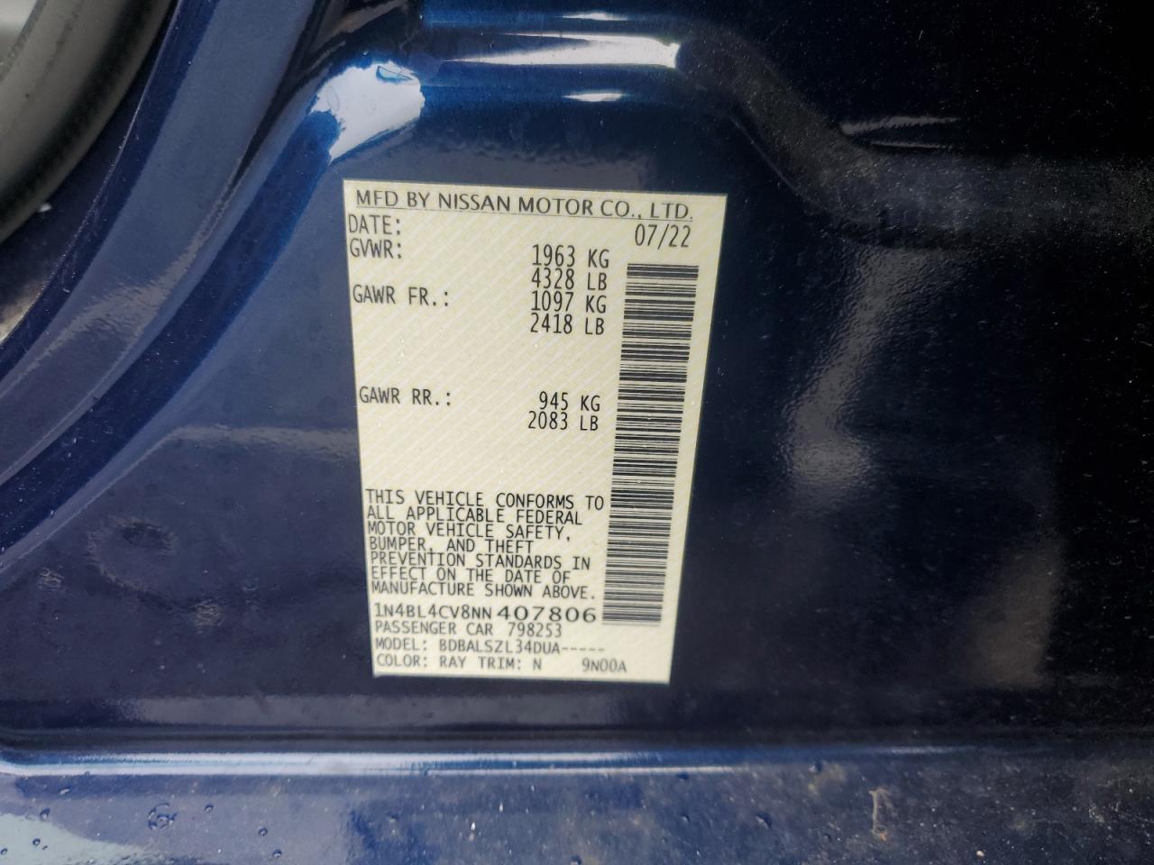 2022 Nissan Altima VIN 1N4BL4CV8NN407806 Copart auction photo, side / front end damage thumbnail 12