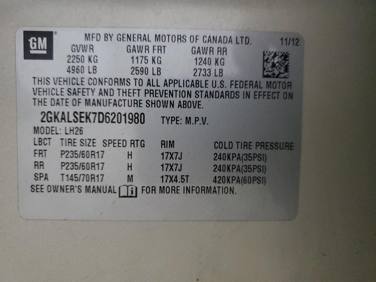 2013 GMC Terrain VIN 2GKALSEK7D6201980 Copart auction photo, front end / side damage thumbnail 13