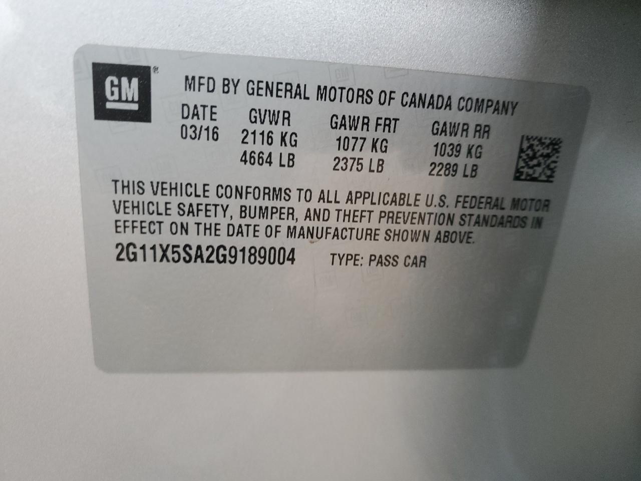 2016 Chevrolet Impala VIN 2G11X5SA2G9189004 Copart auction photo, front end / side damage thumbnail 12