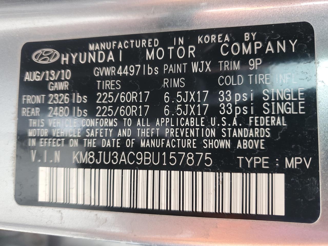 2011 Hyundai Tucson VIN KM8JU3AC9BU157875 Copart auction photo, front end / side damage thumbnail 16