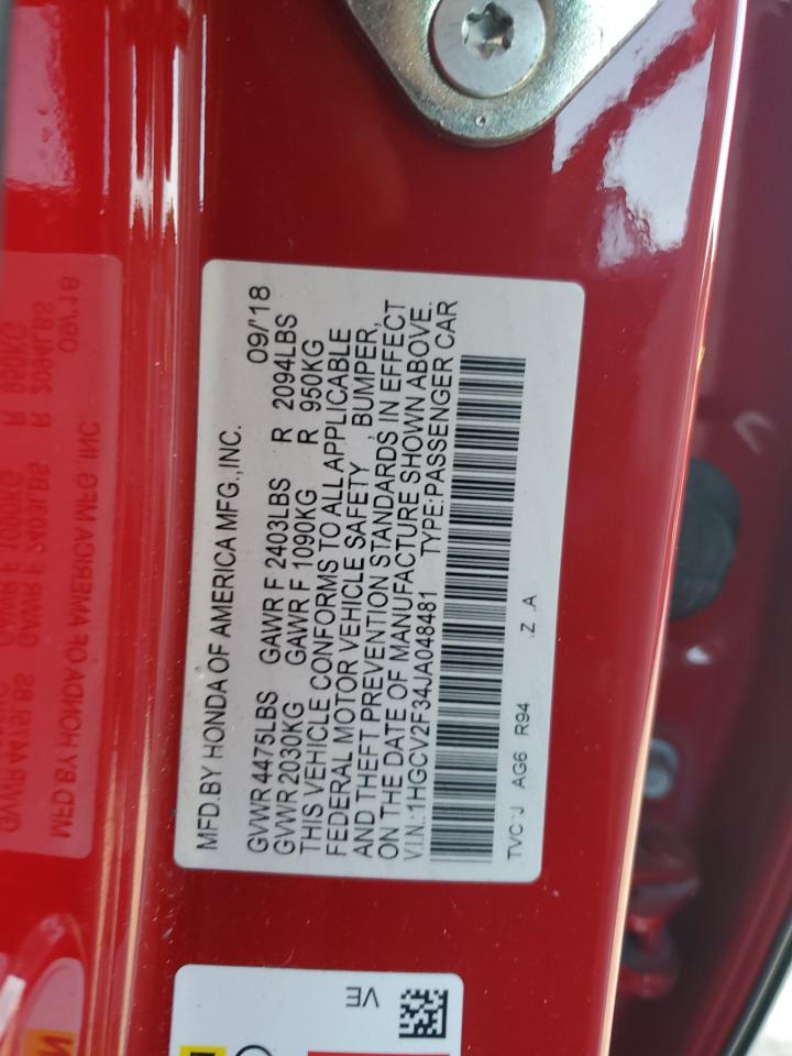 2018 Honda Accord VIN 1HGCV2F34JA048481 Copart auction photo, front end damage thumbnail 14