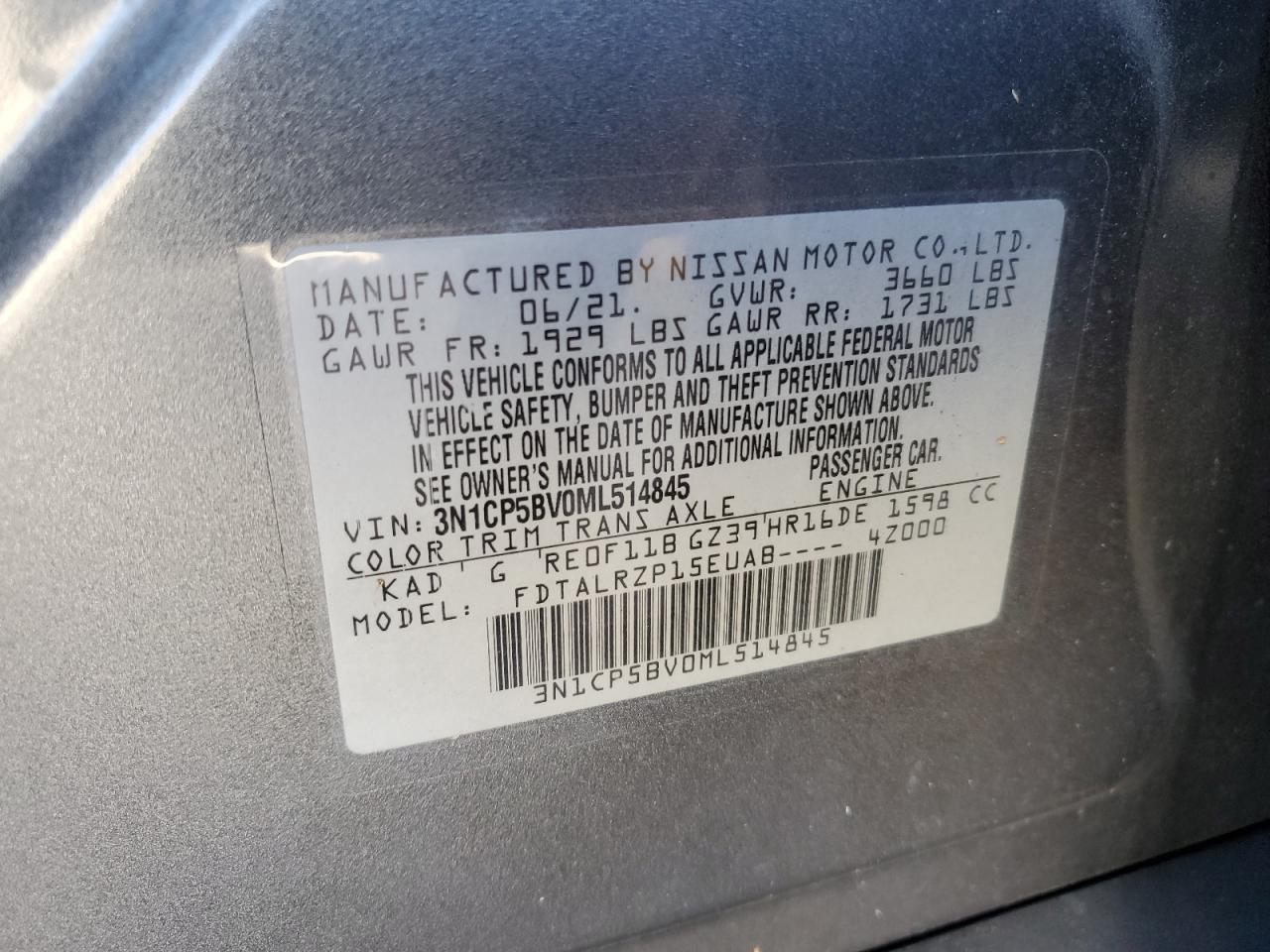 2021 Nissan Kicks VIN 3N1CP5BV0ML514845 Copart auction photo, rear end damage thumbnail 13