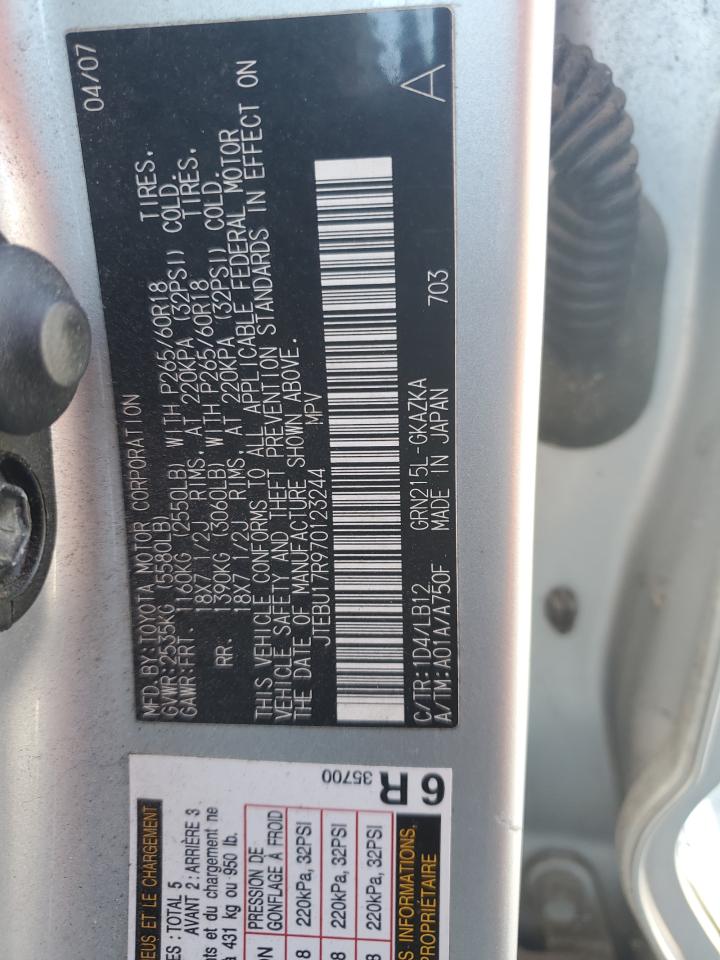 2007 Toyota 4Runner VIN JTEBU17R970123244 Copart auction photo, side damage thumbnail 15