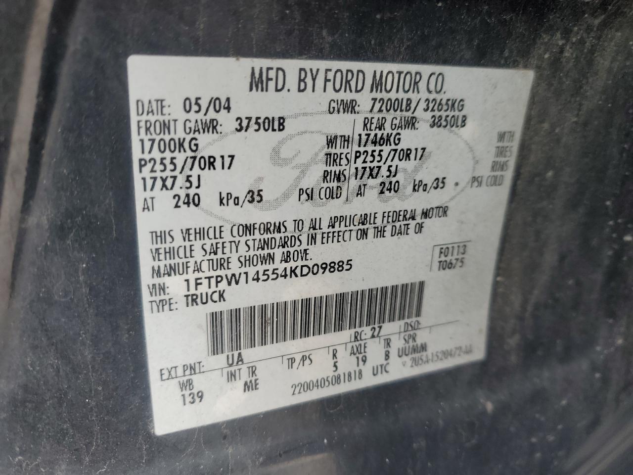 2004 Ford F-150 VIN 1FTPW14554KD09885 Copart auction photo, side / minor dent/scratches damage thumbnail 12