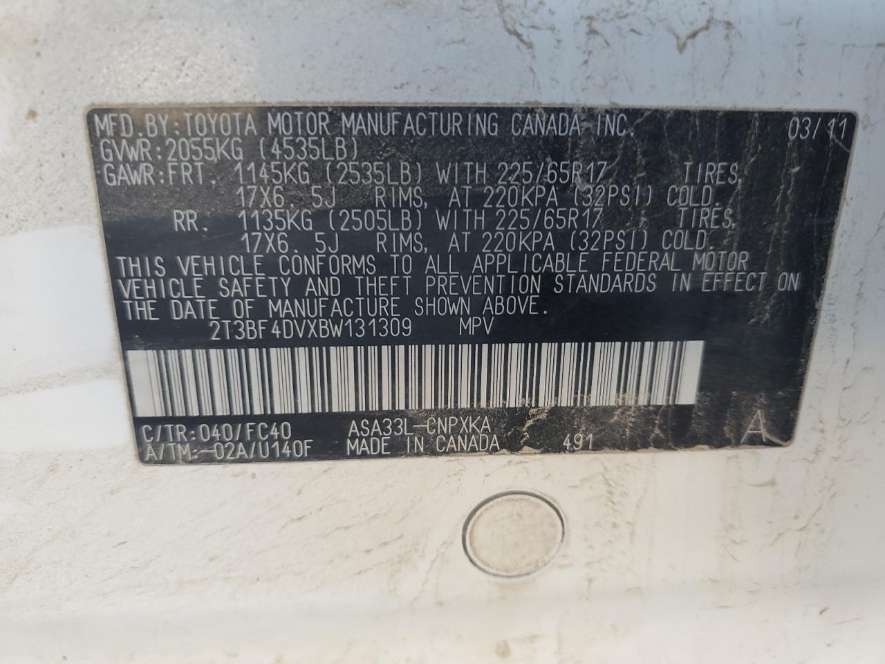 2011 Toyota RAV 4 VIN 2T3BF4DVXBW131309 Copart auction photo, mechanical damage thumbnail 12