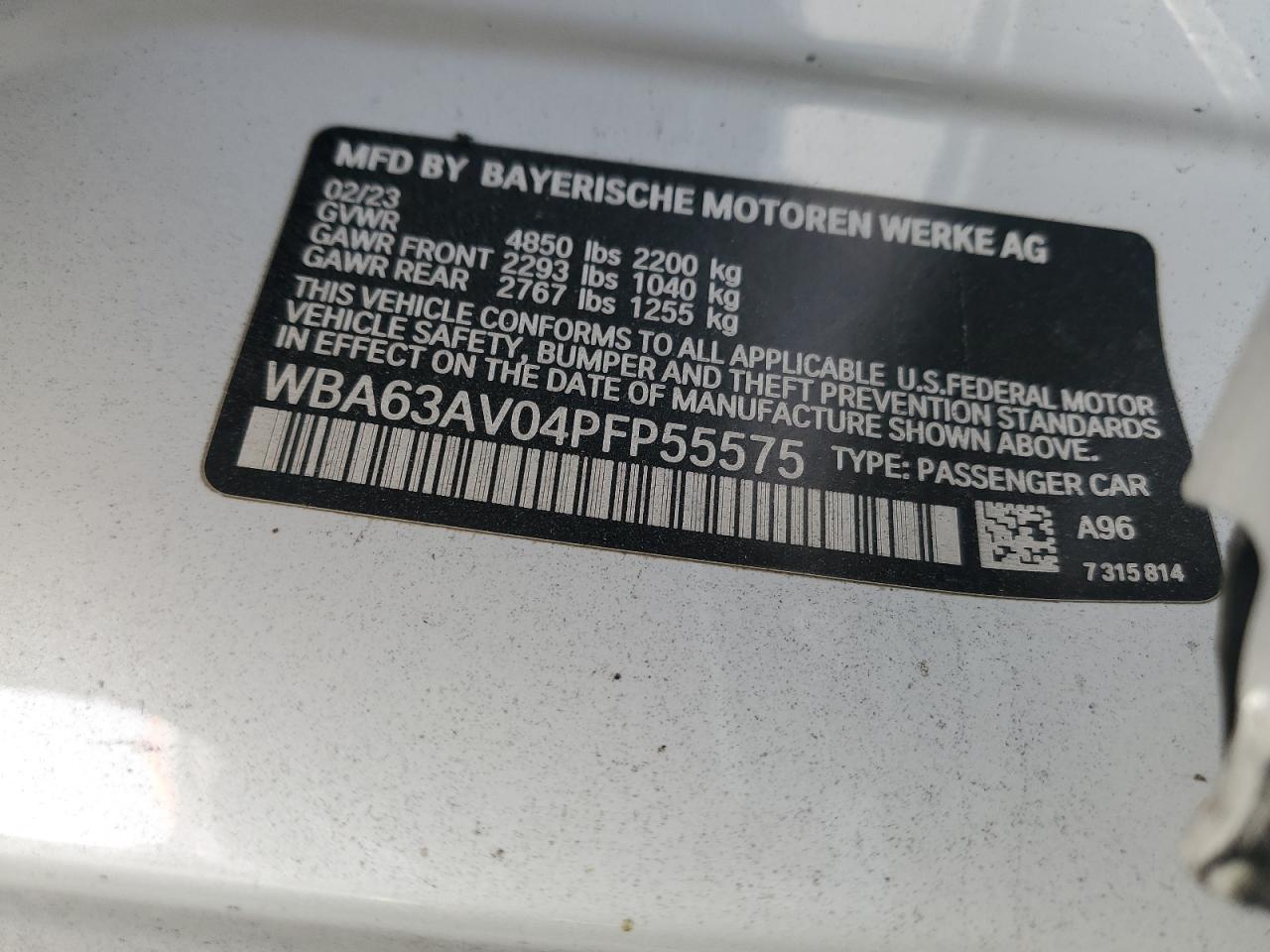 2023 BMW 4er VIN WBA63AV04PFP55575 Copart auction photo, side / rear end damage thumbnail 14