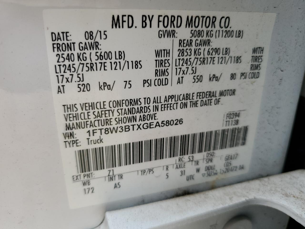 2016 Ford F350 VIN 1FT8W3BTXGEA58026 Copart auction photo, all over / frame damage damage thumbnail 12