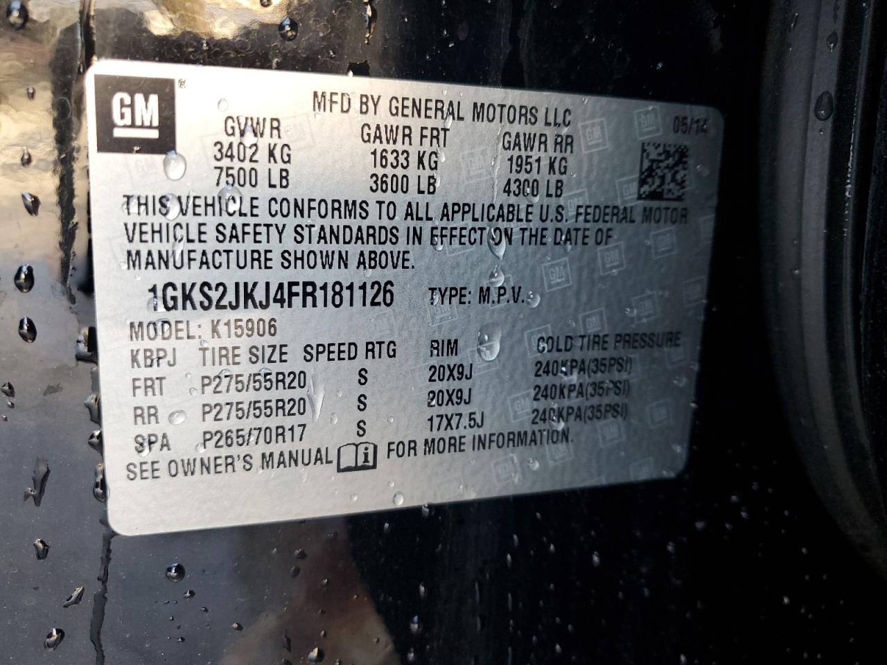 2015 GMC Yukon VIN 1GKS2JKJ4FR181126 Copart auction photo, front end / side damage thumbnail 14