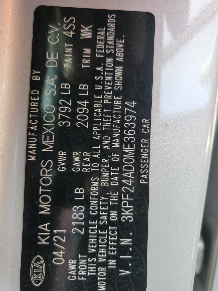 2021 KIA Forte VIN 3KPF24AD0ME363974 Copart auction photo, stripped / vandalism damage thumbnail 12