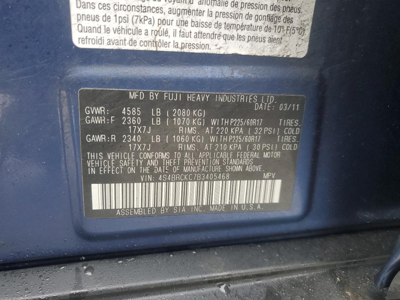 2011 Subaru Outback VIN 4S4BRCKC7B3405468 Copart auction photo, front end damage thumbnail 16
