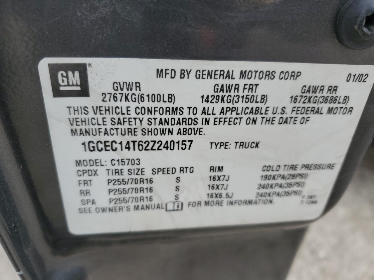 2002 Chevrolet Silverado VIN 1GCEC14T62Z240157 Copart auction photo, front end damage thumbnail 14