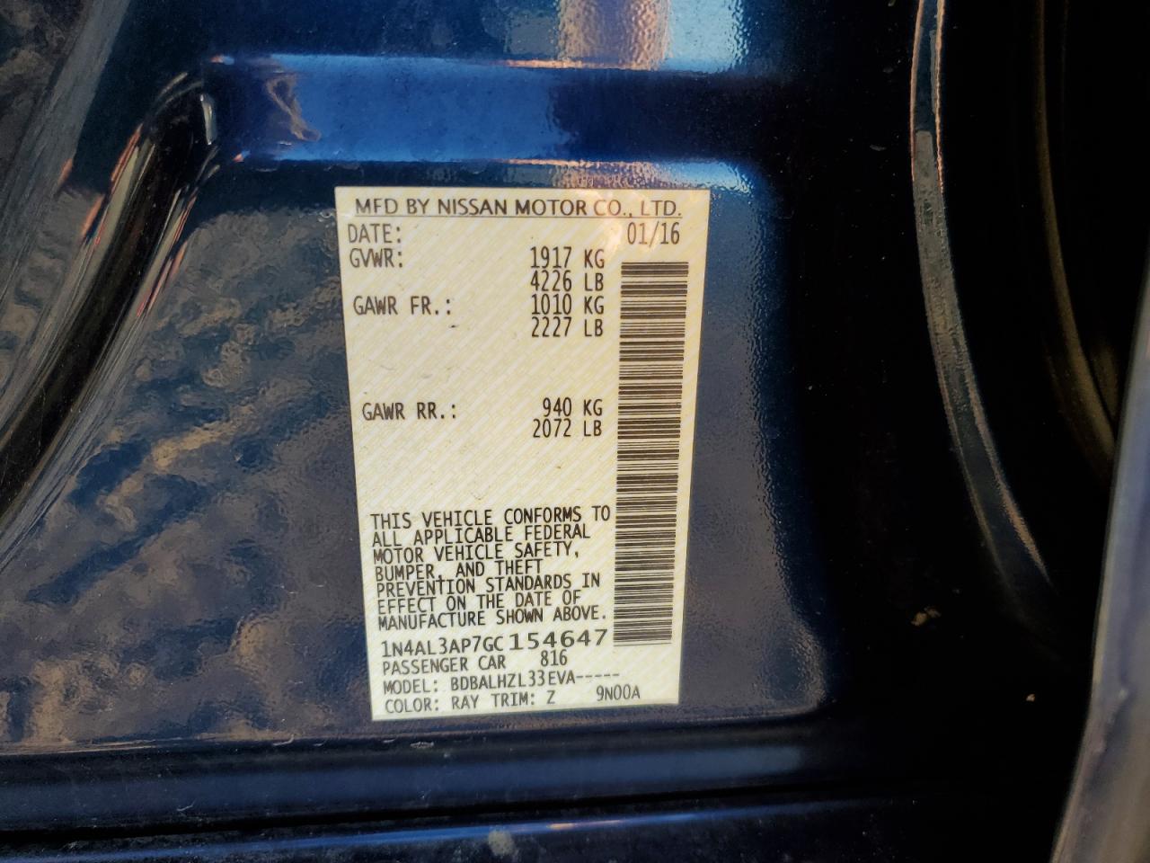 2016 Nissan Altima VIN 1N4AL3AP7GC154647 Copart auction photo, front end / undercarriage damage thumbnail 14