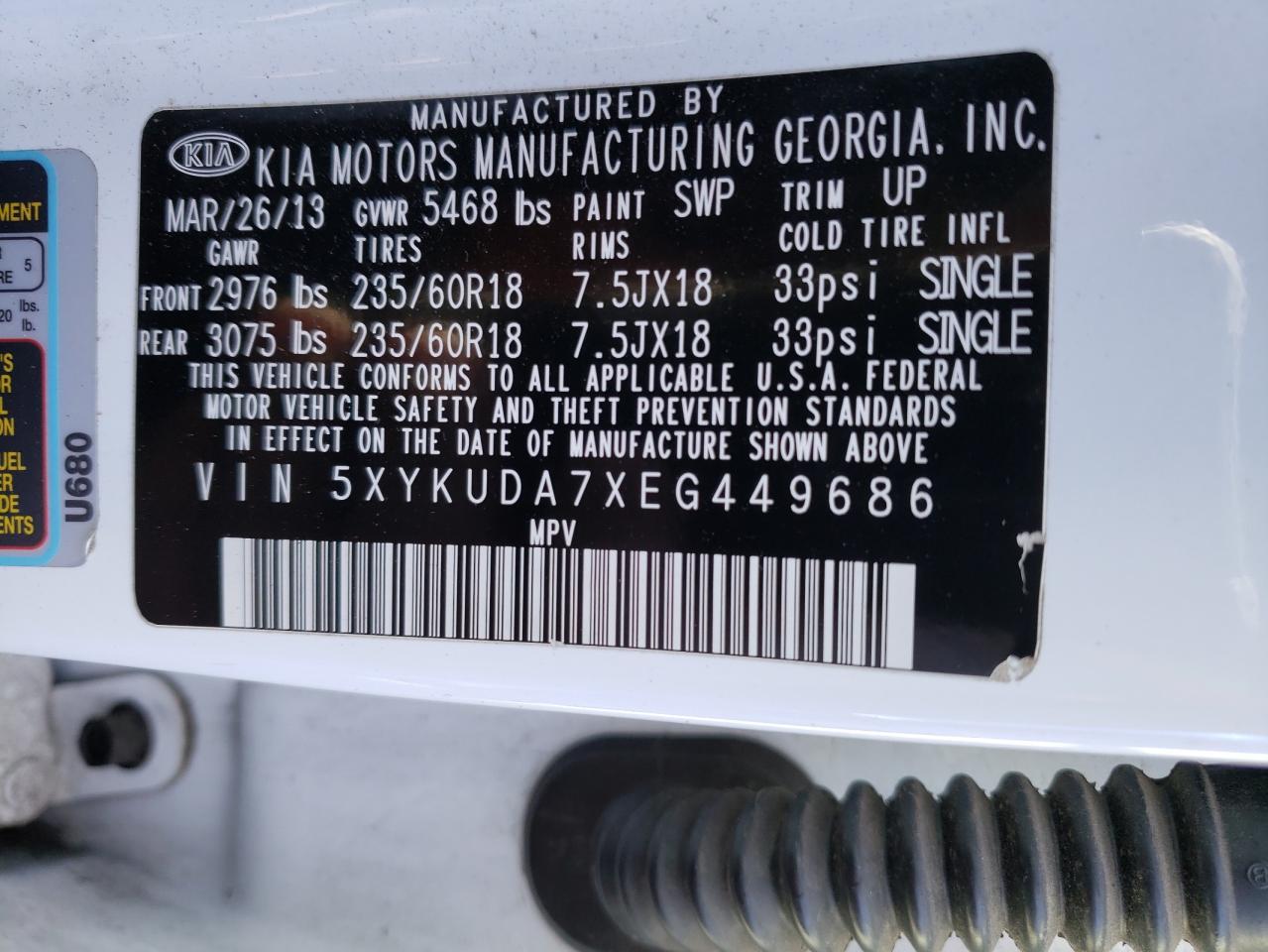 2014 KIA Sorento VIN 5XYKUDA7XEG449686 Copart auction photo, front end / side damage thumbnail 13