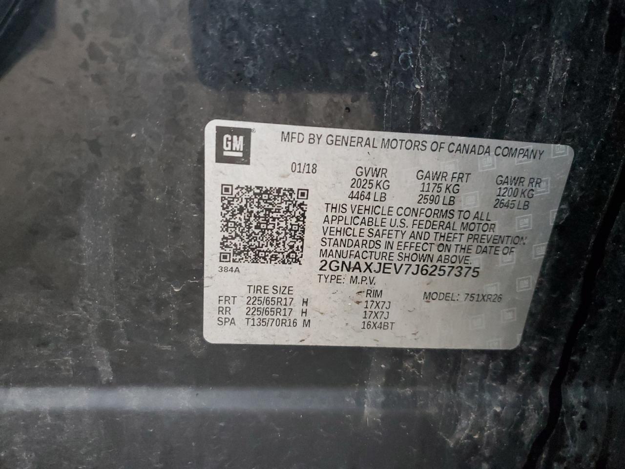 2018 Chevrolet Equinox VIN 2GNAXJEV7J6257375 Copart auction photo, front end / mechanical damage thumbnail 16