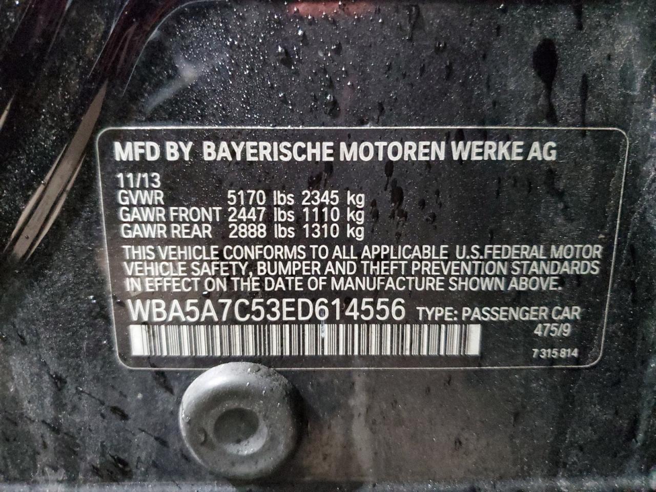 2014 BMW 5er VIN WBA5A7C53ED614556 Copart auction photo, mechanical / minor dent/scratches damage thumbnail 12