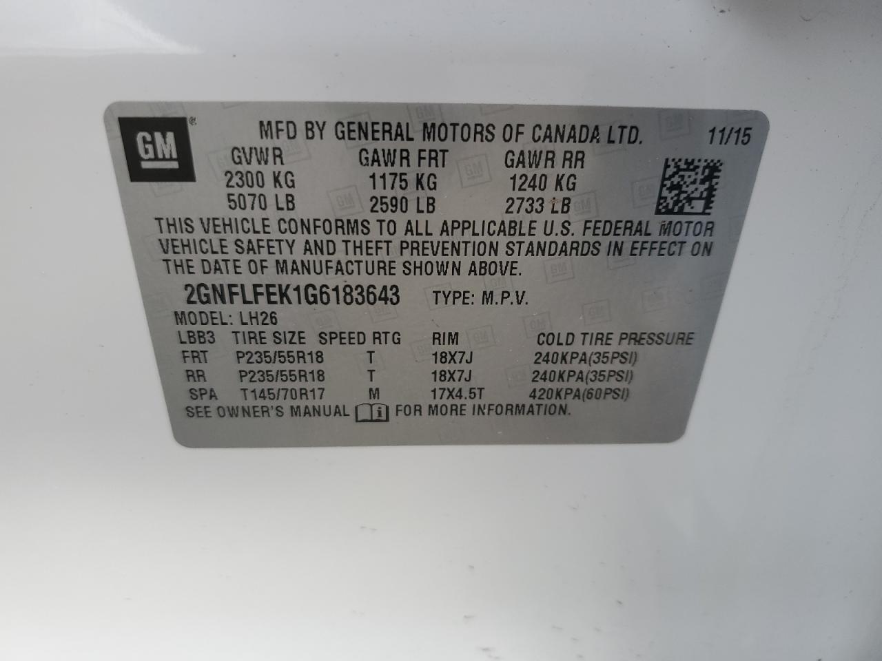 2016 Chevrolet Equinox VIN 2GNFLFEK1G6183643 Copart auction photo, front end / side damage thumbnail 15