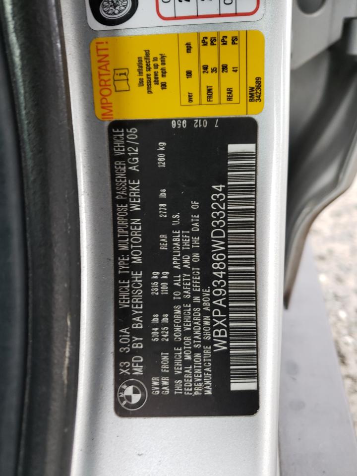 2006 BMW X3 VIN WBXPA93486WD33234 Copart auction photo, front end damage thumbnail 13